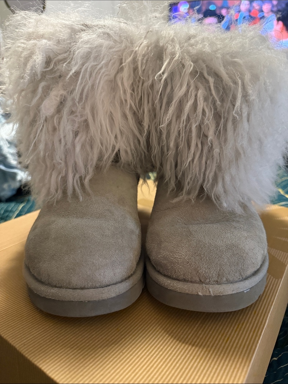 UGG Women's Sheepskin Fur Cuff Ankle Boots in Light Gray